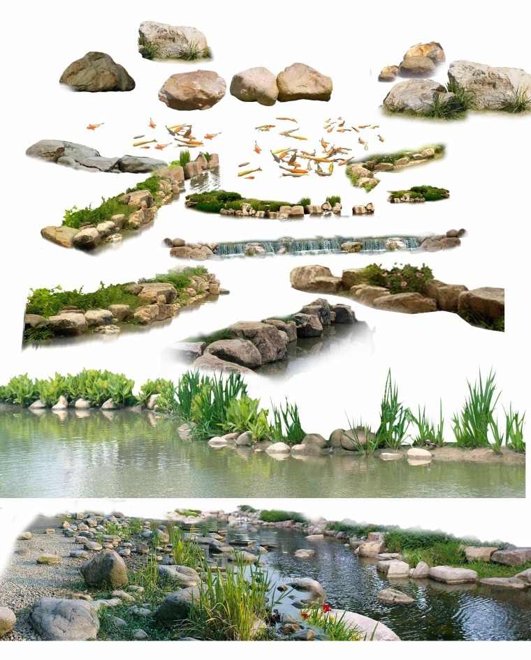 滨水景观效果图psd素材-水生植物·乔木·鸟兽等