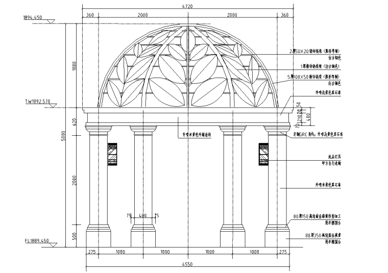 欧式圆顶景观亭CAD施工图